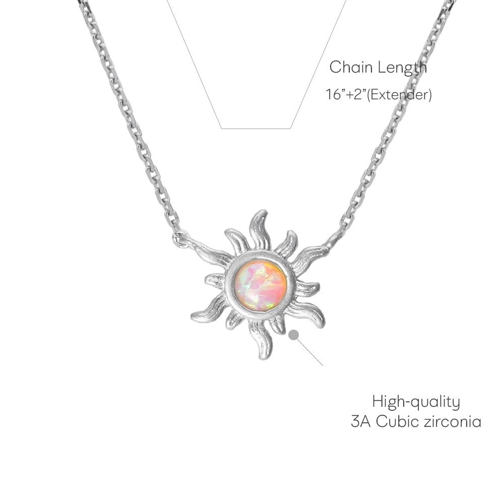 MUSTHAVE Sun Pendant Necklace with Synthetic Opal, 18K Gold Plated Minimalist Dainty Boho Jewelry for Women, Opal Sun Necklace, Gift for Her, Message Card, 16+2 Inch (White Gold) - Image 3