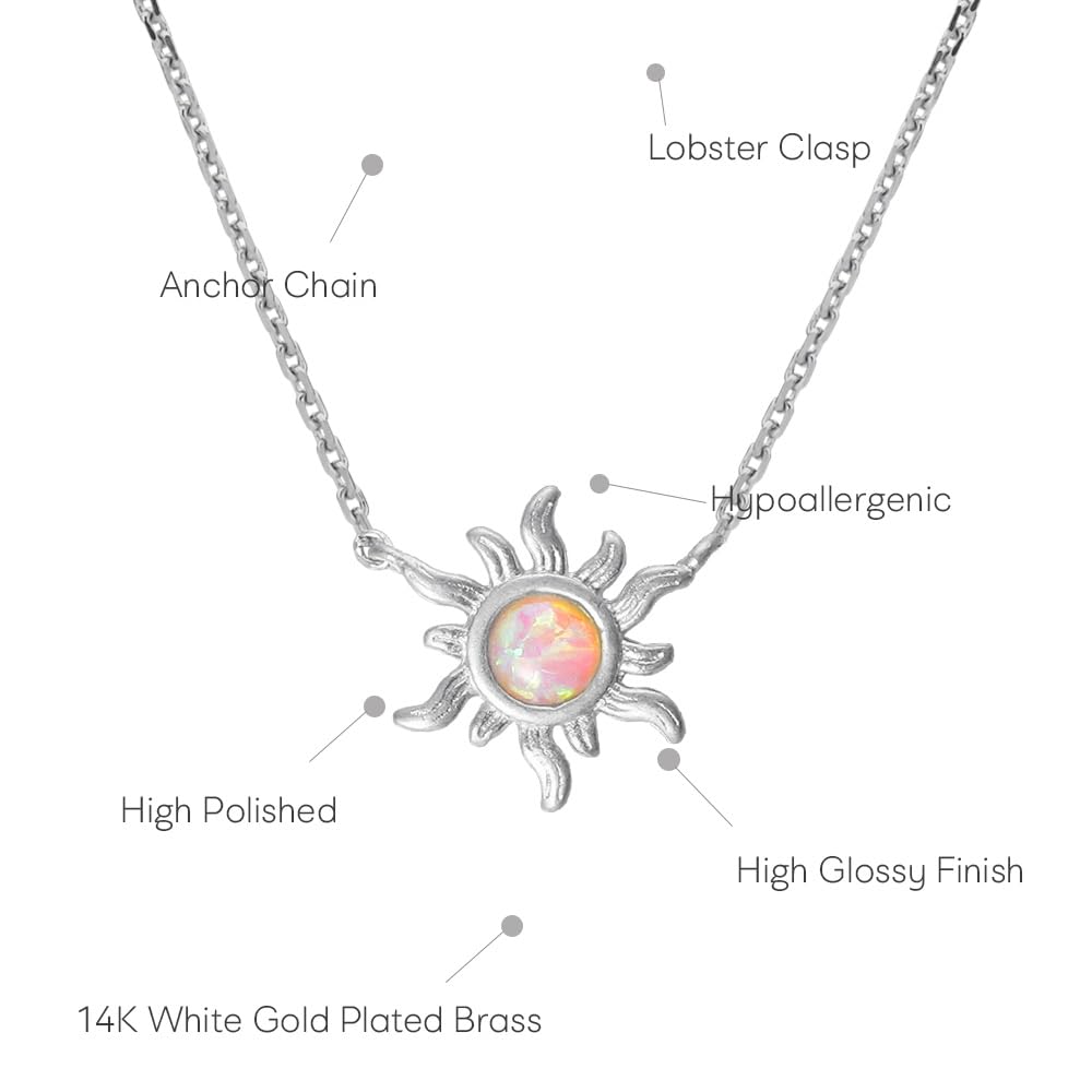 MUSTHAVE Sun Pendant Necklace with Synthetic Opal, 18K Gold Plated Minimalist Dainty Boho Jewelry for Women, Opal Sun Necklace, Gift for Her, Message Card, 16+2 Inch (White Gold) - Image 4