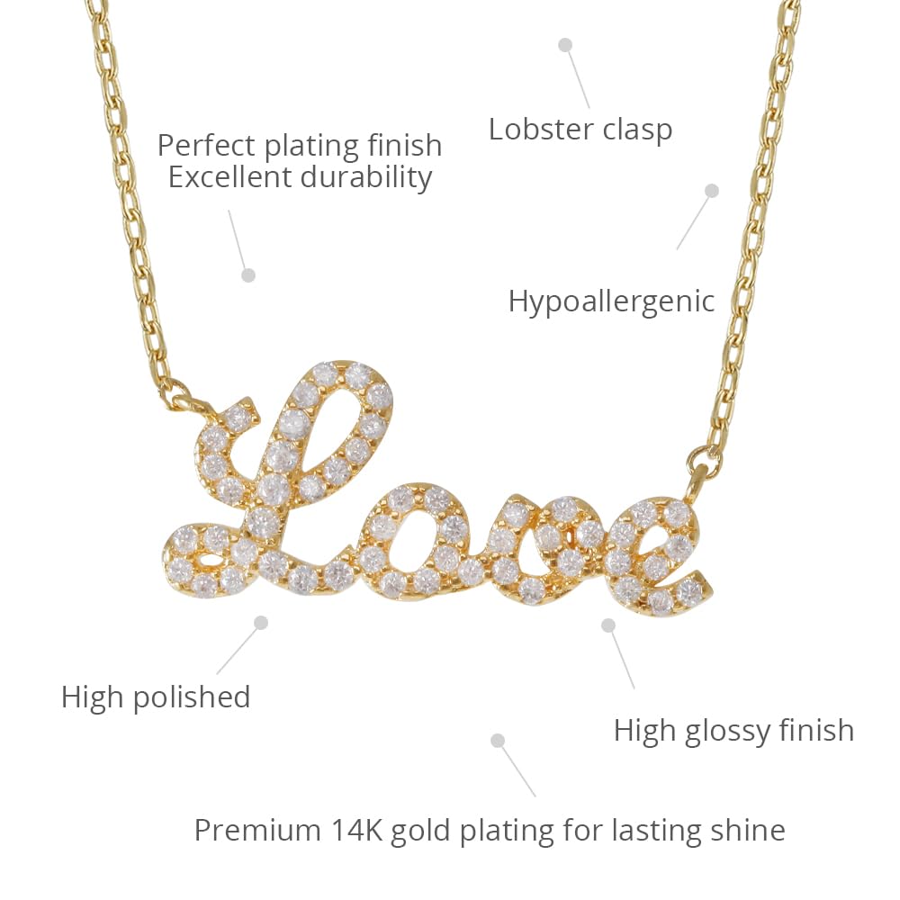 Pavé LOVE Necklace - MUSTHAVE 18K Gold Plated Crystal Letter Pendant, Dainty Romantic Jewelry for Women, Cute Valentine Gift, Minimalist Layering Necklace, Message Card, 16+2 inch, Gift for Her (Yellow Gold) - Image 3