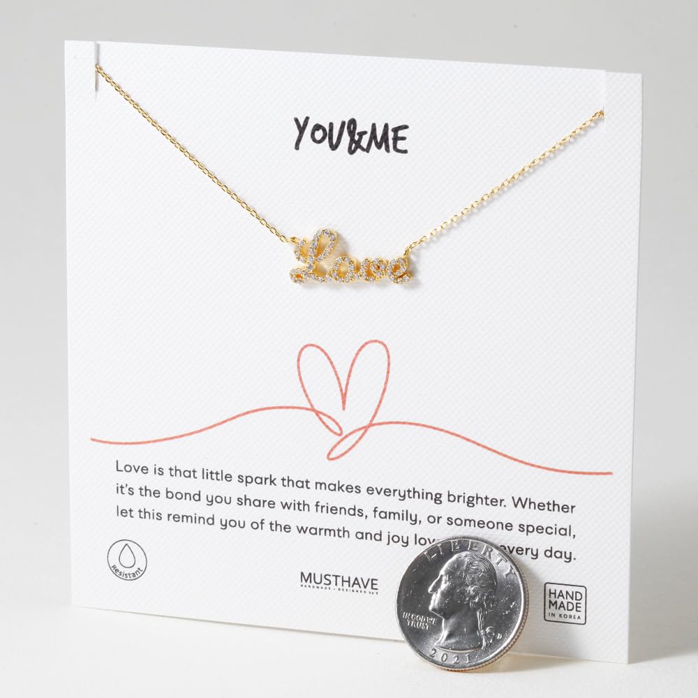 Pavé LOVE Necklace - MUSTHAVE 18K Gold Plated Crystal Letter Pendant, Dainty Romantic Jewelry for Women, Cute Valentine Gift, Minimalist Layering Necklace, Message Card, 16+2 inch, Gift for Her (Yellow Gold) - Image 4